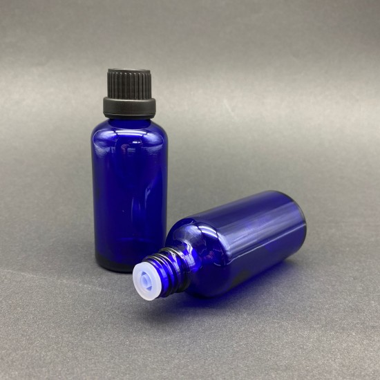 50 ml Mavi İçten Damlalıklı Cam Şişe Siyah Kapak