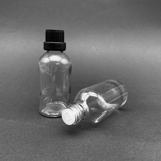50 ml Şeffaf İçten Damlalıklı Cam Şişe Siyah Kapak