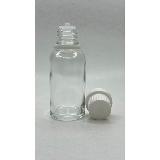 30 ml Şeffaf İçten Damlalıklı Cam Şişe Beyaz Kapak