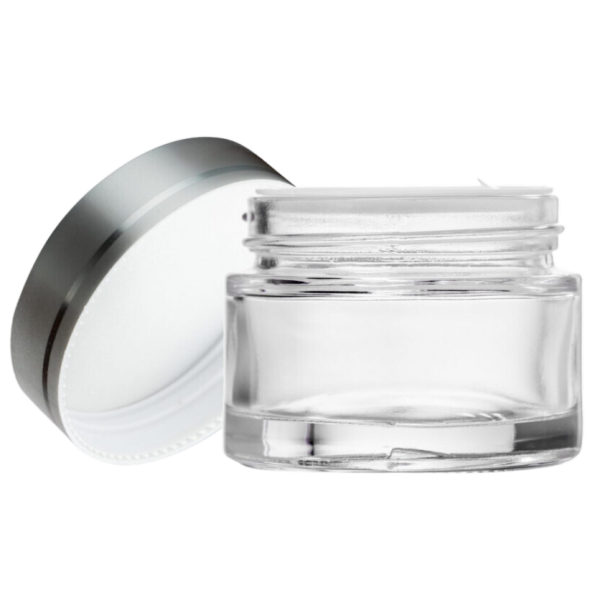 20 ml Şeffaf Cam Kozmetik Krem Kavanozu Gümüş Akrilik Kapaklı (İç Dil Tıpalı)