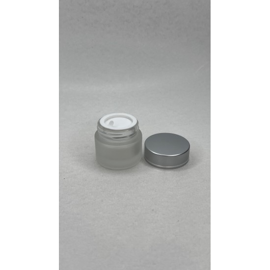 10 ml Buzlu Cam Kozmetik Krem Kavanozu Gümüş Akrilik Kapaklı (İç Dil Tıpalı)