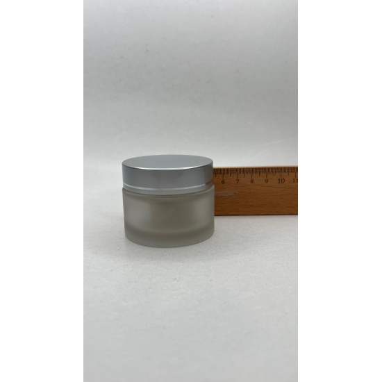 30 ml Buzlu Cam Kozmetik Krem Kavanozu Gümüş Akrilik Kapaklı (İç Dil Tıpalı)