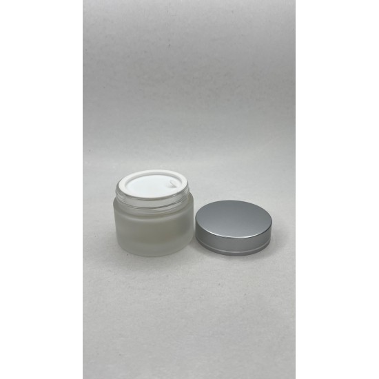 30 ml Buzlu Cam Kozmetik Krem Kavanozu Gümüş Akrilik Kapaklı (İç Dil Tıpalı)