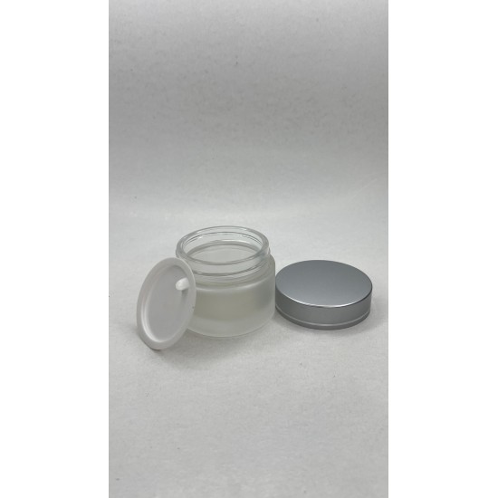 30 ml Buzlu Cam Kozmetik Krem Kavanozu Gümüş Akrilik Kapaklı (İç Dil Tıpalı)