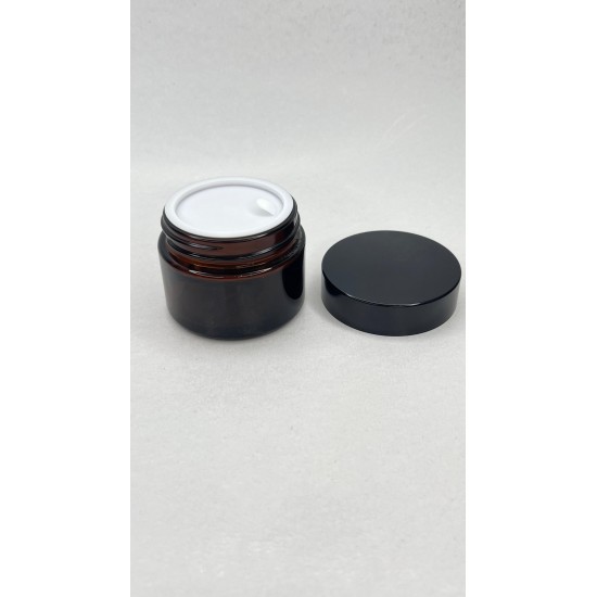 50 ml Kahverengi Cam Kozmetik Krem Kavanozu Siyah Akrilik Kapaklı (İç Dil Tıpalı)