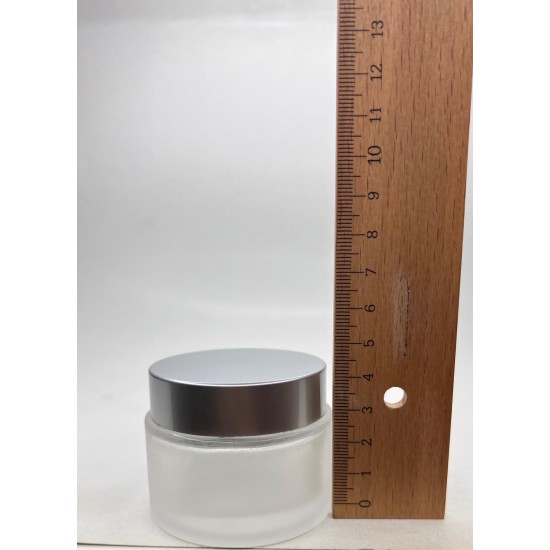 50 ml Buzlu Cam Kozmetik Krem Kavanozu Gümüş Akrilik Kapaklı (İç Dil Tıpalı)