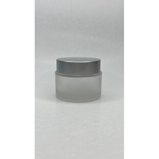 50 ml Buzlu Cam Kozmetik Krem Kavanozu Gümüş Akrilik Kapaklı (İç Dil Tıpalı)