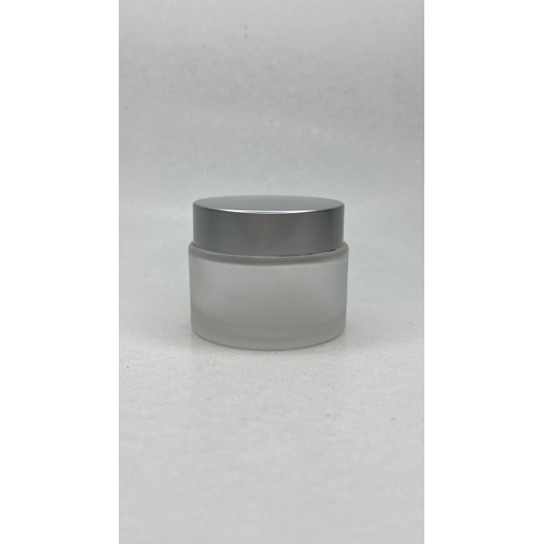 50 ml Buzlu Cam Kozmetik Krem Kavanozu Gümüş Akrilik Kapaklı (İç Dil Tıpalı)