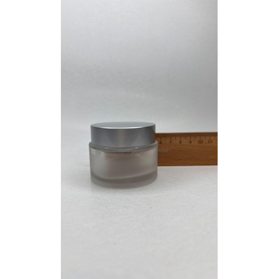 50 ml Buzlu Cam Kozmetik Krem Kavanozu Gümüş Akrilik Kapaklı (İç Dil Tıpalı)