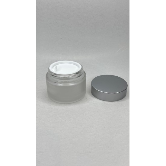50 ml Buzlu Cam Kozmetik Krem Kavanozu Gümüş Akrilik Kapaklı (İç Dil Tıpalı)