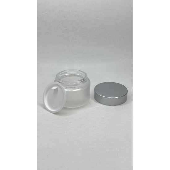 50 ml Buzlu Cam Kozmetik Krem Kavanozu Gümüş Akrilik Kapaklı (İç Dil Tıpalı)