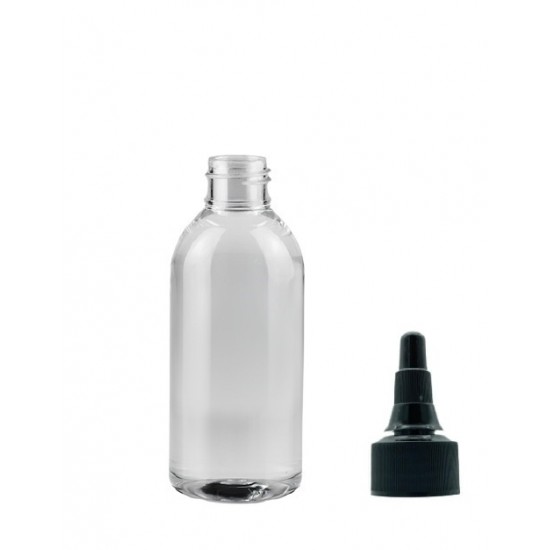 150 ml Şeffaf Plastik Şişe (PET) Siyah Asansör Kapaklı (Çevirmeli Damlatmalı Kapak)