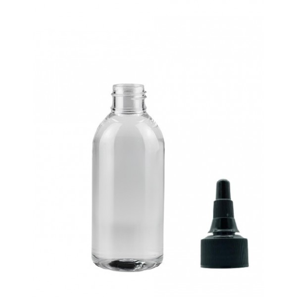 150 ml Şeffaf Plastik Şişe (PET) Siyah Asansör Kapaklı (Çevirmeli Damlatmalı Kapak)
