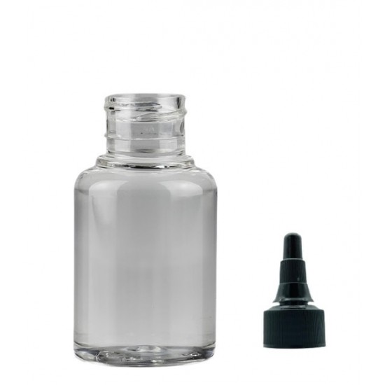 30 ml Şeffaf Plastik Şişe (PET) Siyah Asansör Kapaklı (Çevirmeli Damlatmalı Kapak)