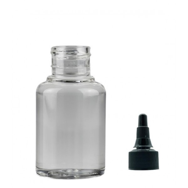 30 ml Şeffaf Plastik Şişe (PET) Siyah Asansör Kapaklı (Çevirmeli Damlatmalı Kapak)