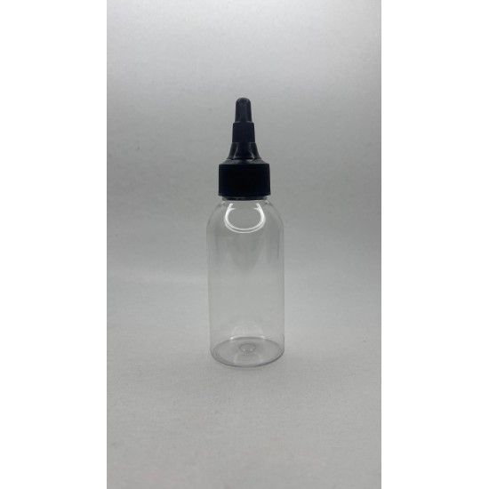 100 ml Şeffaf Plastik Şişe (PET) Siyah Asansör Kapaklı (Çevirmeli Damlatmalı Kapak)