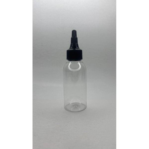 100 ml Şeffaf Plastik Şişe (PET) Siyah Asansör Kapaklı (Çevirmeli Damlatmalı Kapak)