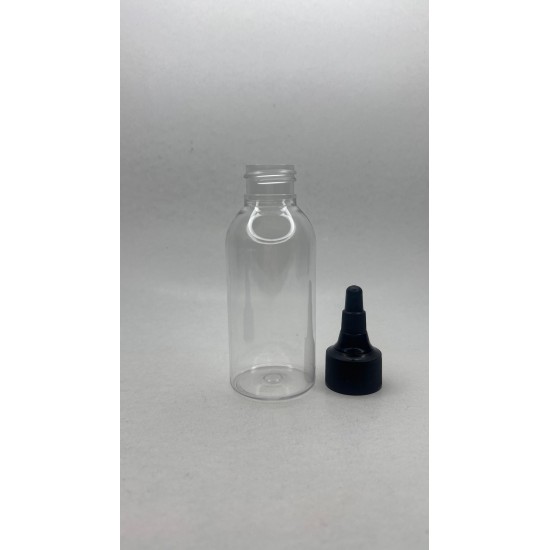 100 ml Şeffaf Plastik Şişe (PET) Siyah Asansör Kapaklı (Çevirmeli Damlatmalı Kapak)