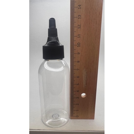 100 ml Şeffaf Plastik Şişe (PET) Siyah Asansör Kapaklı (Çevirmeli Damlatmalı Kapak)