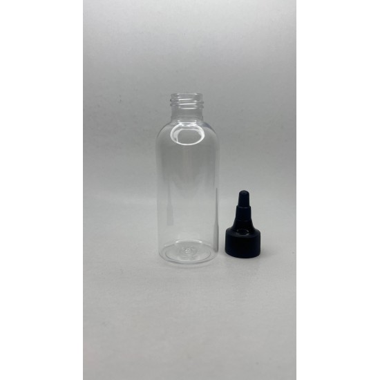 150 ml Şeffaf Plastik Şişe (PET) Siyah Asansör Kapaklı (Çevirmeli Damlatmalı Kapak)