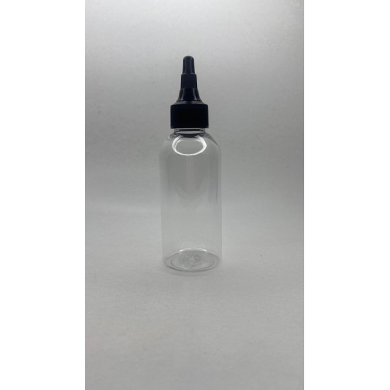 150 ml Şeffaf Plastik Şişe (PET) Siyah Asansör Kapaklı (Çevirmeli Damlatmalı Kapak)