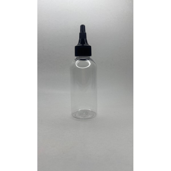 150 ml Şeffaf Plastik Şişe (PET) Siyah Asansör Kapaklı (Çevirmeli Damlatmalı Kapak)