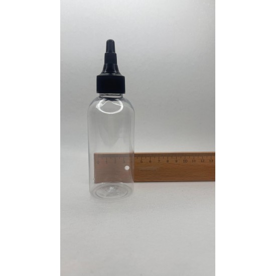 150 ml Şeffaf Plastik Şişe (PET) Siyah Asansör Kapaklı (Çevirmeli Damlatmalı Kapak)