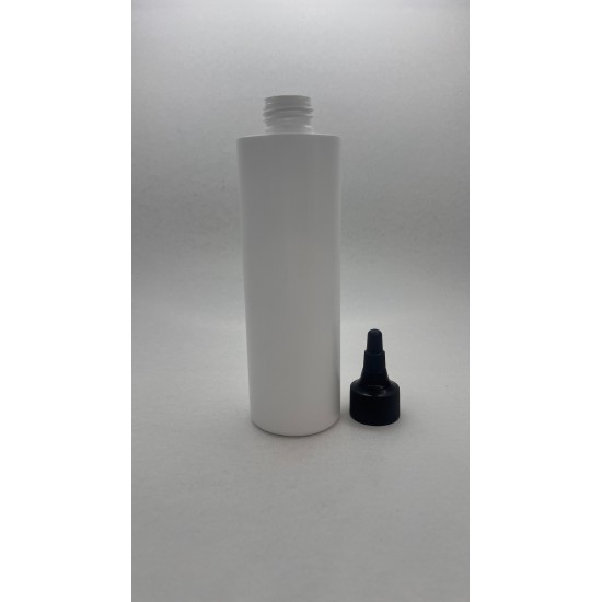 250 ml Beyaz Mat Plastik Şişe (PET) Siyah Asansör Kapaklı (Çevirmeli Damlatmalı Kapak)