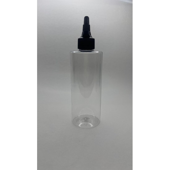 250 ml Şeffaf Plastik Şişe (PET) Siyah Asansör Kapaklı (Çevirmeli Damlatmalı Kapak)