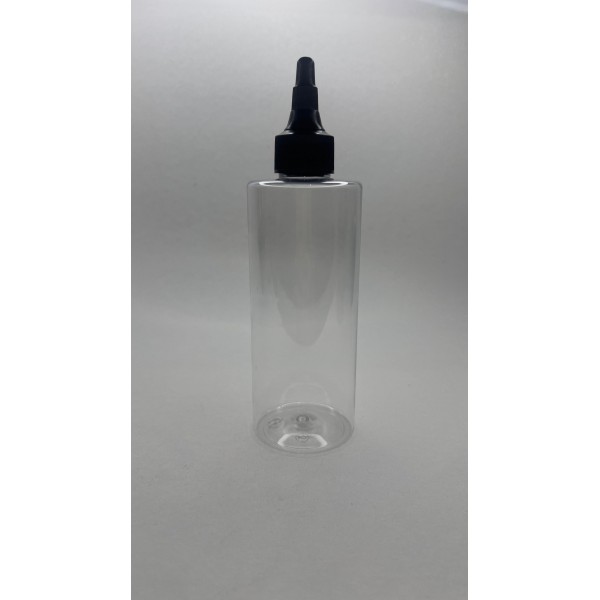 250 ml Şeffaf Plastik Şişe (PET) Siyah Asansör Kapaklı (Çevirmeli Damlatmalı Kapak)