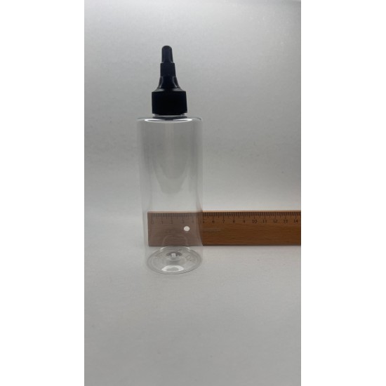 250 ml Şeffaf Plastik Şişe (PET) Siyah Asansör Kapaklı (Çevirmeli Damlatmalı Kapak)