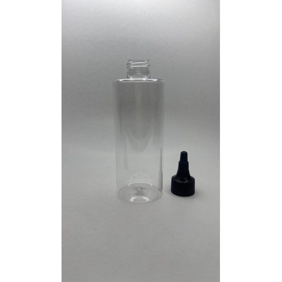 250 ml Şeffaf Plastik Şişe (PET) Siyah Asansör Kapaklı (Çevirmeli Damlatmalı Kapak)