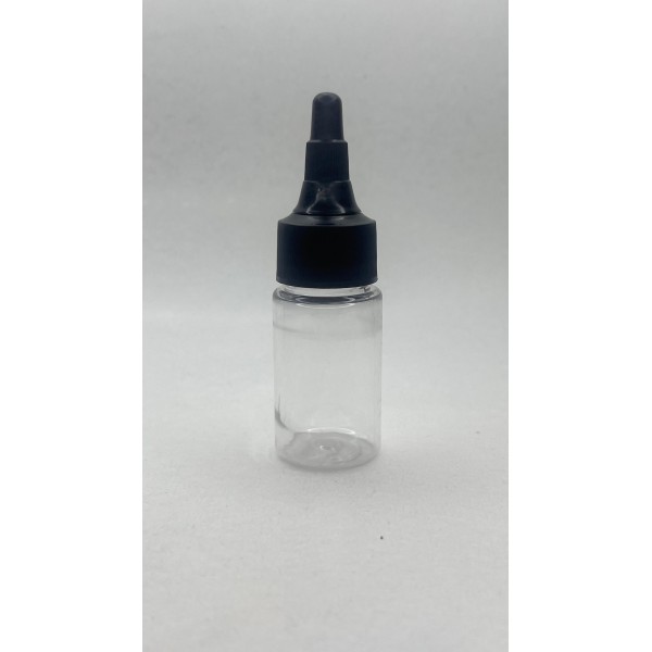 30 ml Şeffaf Plastik Şişe (PET) Siyah Asansör Kapaklı (Çevirmeli Damlatmalı Kapak)