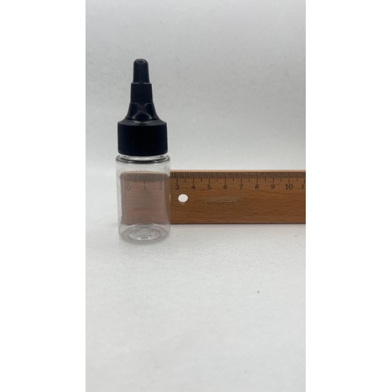 30 ml Şeffaf Plastik Şişe (PET) Siyah Asansör Kapaklı (Çevirmeli Damlatmalı Kapak)