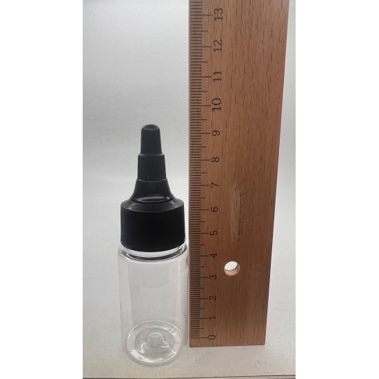 30 ml Şeffaf Plastik Şişe (PET) Siyah Asansör Kapaklı (Çevirmeli Damlatmalı Kapak)