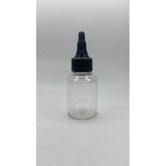 60 ml Şeffaf Plastik Şişe (PET) Siyah Asansör Kapaklı (Çevirmeli Damlatmalı Kapak)