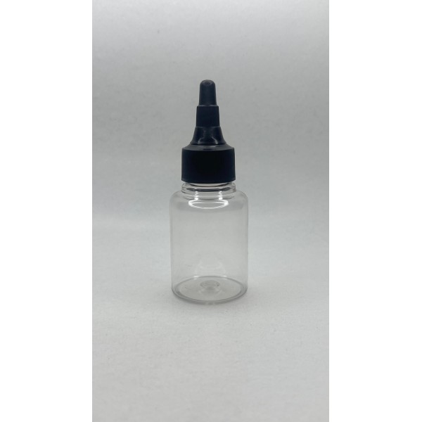60 ml Şeffaf Plastik Şişe (PET) Siyah Asansör Kapaklı (Çevirmeli Damlatmalı Kapak)