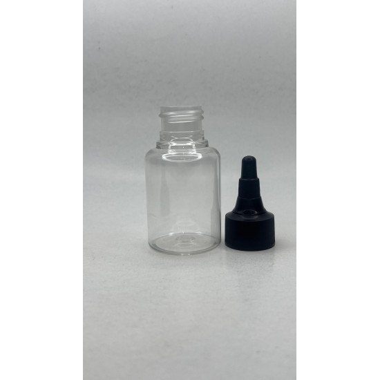 60 ml Şeffaf Plastik Şişe (PET) Siyah Asansör Kapaklı (Çevirmeli Damlatmalı Kapak)