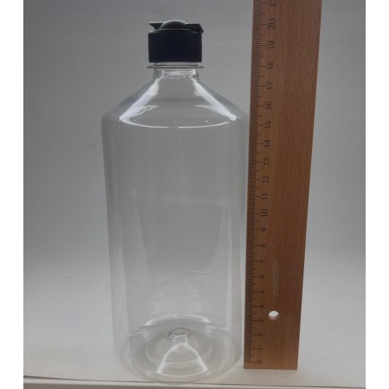 1000 ml Şeffaf Plastik Şişe (PET) Siyah Açmalı Kapaklı (Erka Kapak)