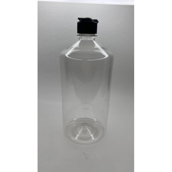 1000 ml Şeffaf Plastik Şişe (PET) Siyah Açmalı Kapaklı (Erka Kapak)