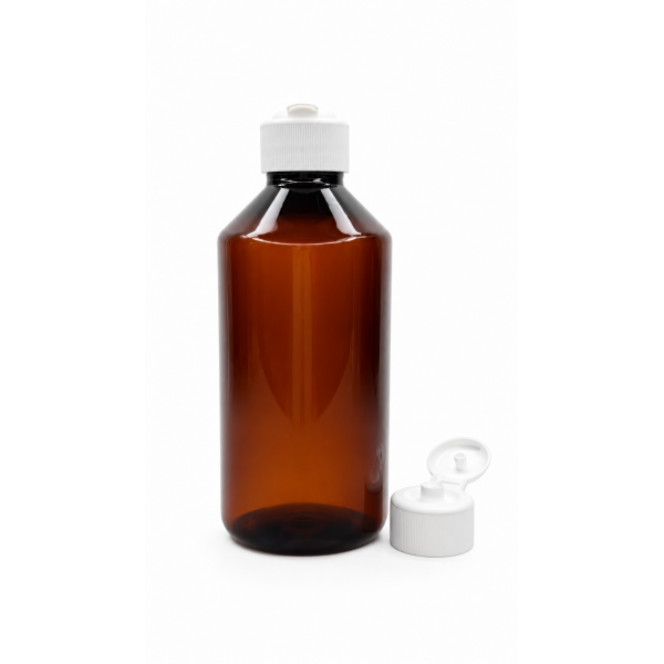 250 ml Kahverengi Plastik Şişe (PET) Beyaz Açmalı Kapaklı (Erka Kapak)