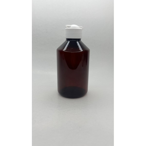 250 ml Kahverengi Plastik Şişe (PET) Beyaz Açmalı Kapaklı (Erka Kapak)