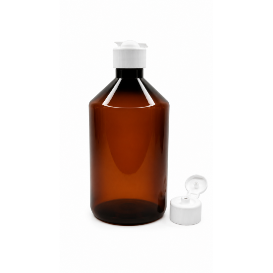 500 ml Kahverengi Plastik Şişe (PET) Beyaz Açmalı Kapaklı (Erka Kapak)