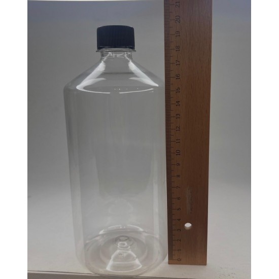 1000 ml (1 Litre) Şeffaf Plastik Şişe (PET) Siyah Düz Vidalı Kapaklı
