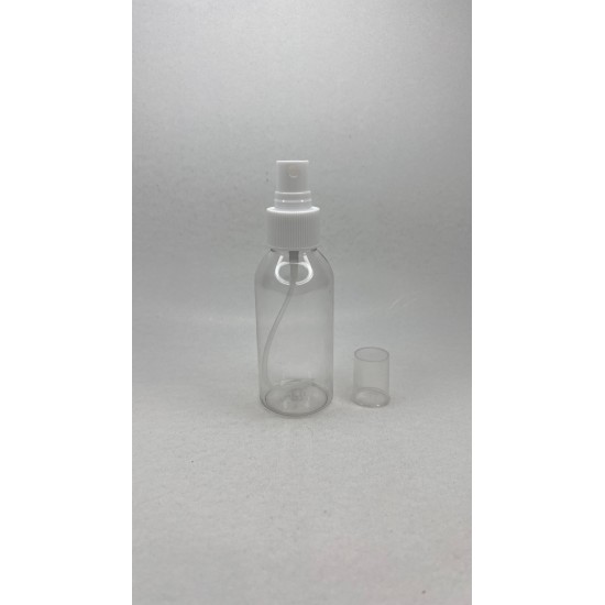 100 ml Şeffaf Plastik Şişe (PET) Beyaz Sprey Başlıklı (24 Ağız)
