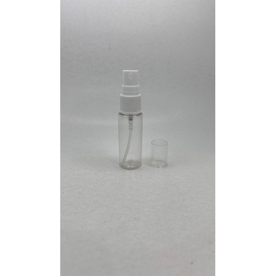 20 ml Şeffaf Plastik Şişe (PET) Beyaz Sprey Başlıklı (18 Ağız)