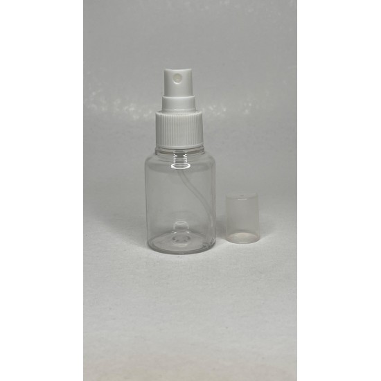 60 ml Şeffaf Plastik Şişe (PET) Beyaz Sprey Başlıklı (18 Ağız)