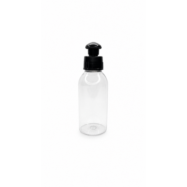 100 ml Şeffaf Plastik Şişe (PET) Siyah Puspul Kapaklı (24 Ağız)