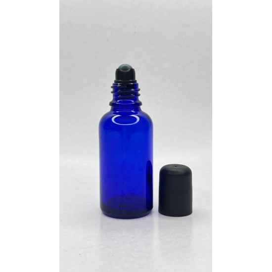 30 ml Mavi (Kobalt) Cam Şişe Siyah Rollon Başlıklı