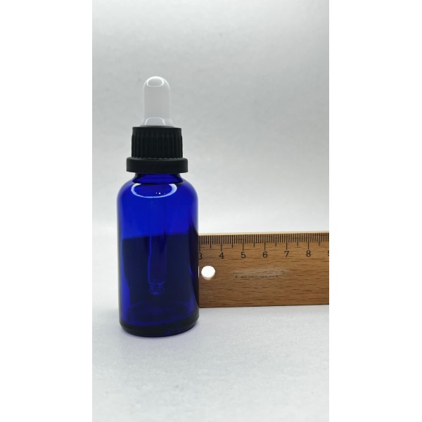 30 ml Mavi Cam Damlalıklı Şişe Siyah Kapak Beyaz Emzik